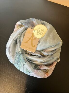 Accessorize Silk Floral Print Scarf in Light Gray with Pastel Pink & Green